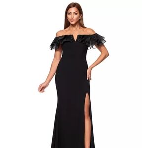 Xscape Black Strapless Gown with Ruffle Detail